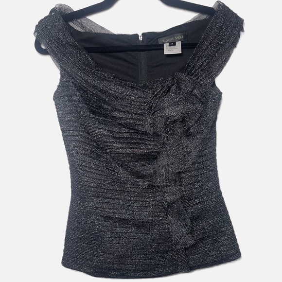 Tadashi Shoji Sleeveless Lined Black Blouse-Size 4 Glitter-Ruffles - Picture 1 of 3